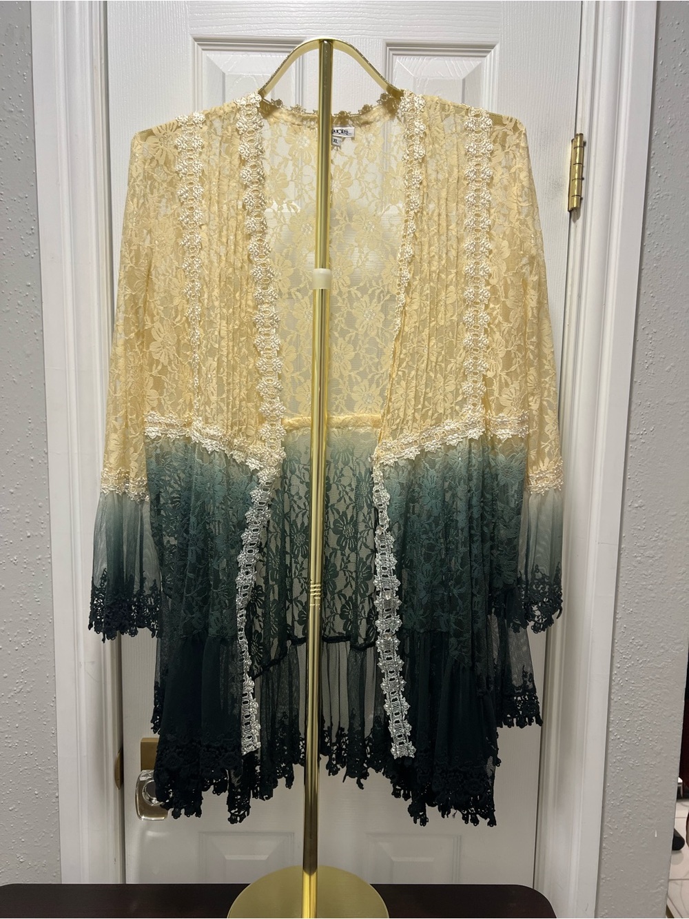 Paris Hues Vintage Y2K Lace Ombre Kimono Cardigan Duster Pine Green Cream XL - Picture 3 of 16